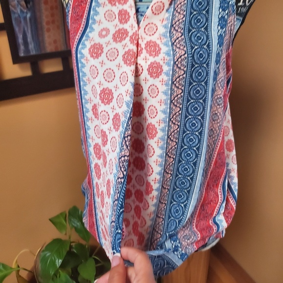 PINK ROSE RED WHITE & BLUE MULTI PATTERN WRAP TOP - Picture 3 of 8